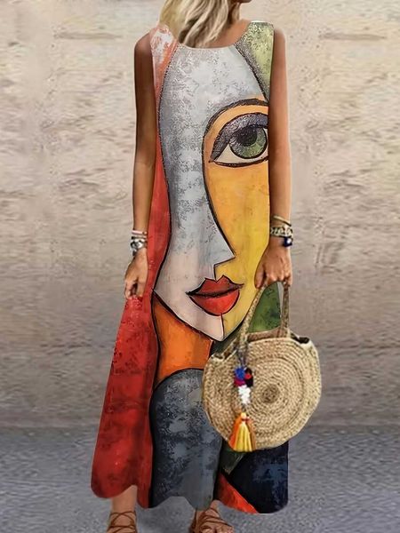 Dresses Casual Long Sleeveless Women's Dress Funny Geometric Print Summer Fashion Round Neck Sleeveless Design Dresses for Women