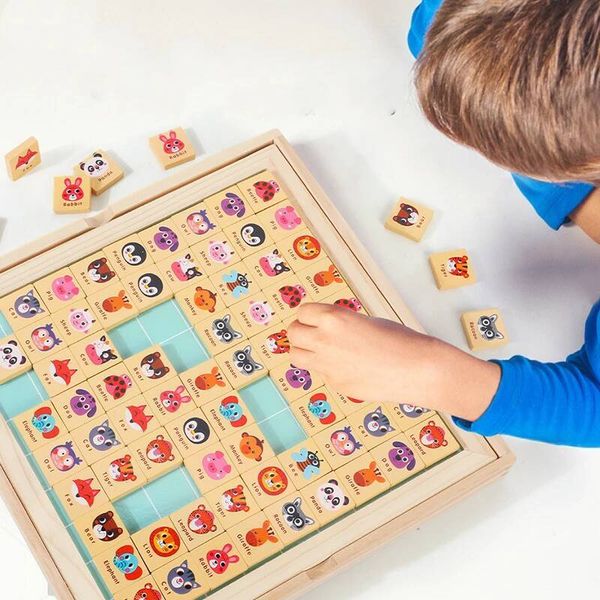 2In1 Wooden Chessmen Checkers Mahjong Magnetic Board Flying Chess Kids Classic animal Puzzle Set Party Game Toy Gift W260707