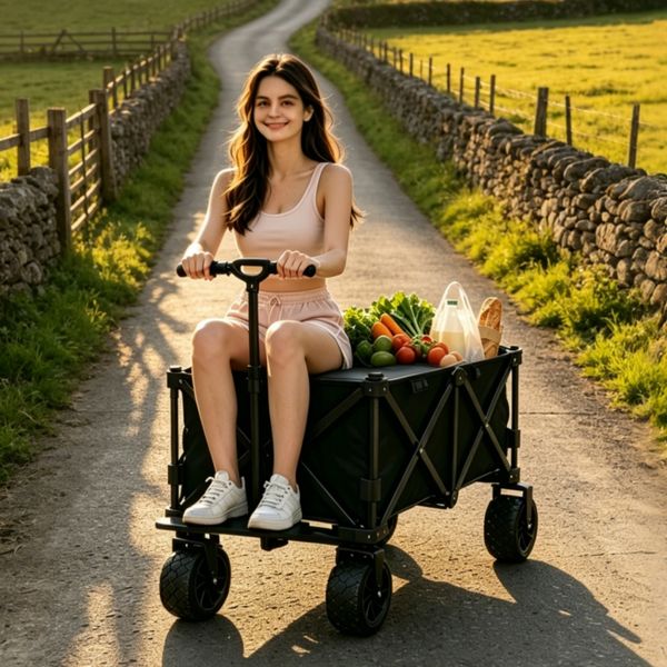 Foldable Rideable Electric Wagon, 20km/h Speed, Collapsible Utility Cart Fits Car Trunk, Multifunctional for Grocery Shopping, Errands & Outdoor Travel