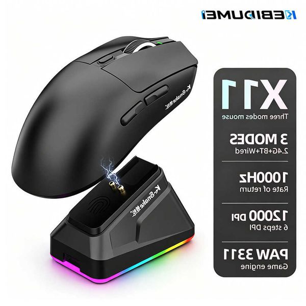 X11 KEBIDUMEI PAW3311 Tri-Mode Wireless Mouse 12000 DPI Gaming Mouse RGB Touch Charging Base Bluetooth /24G/Wired Mice D260708