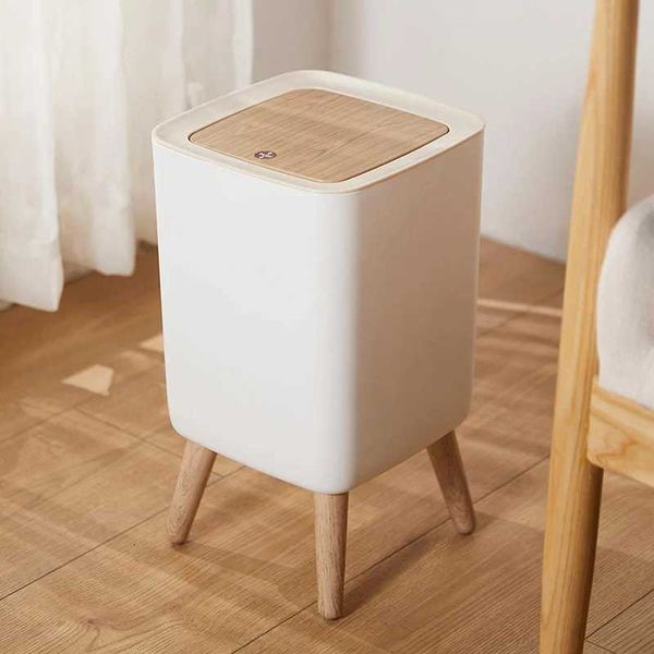 1 Piece High Clamshell Garbage Can Suitable For Bedroom Living Room Bathroom Press Trash Can Imitation Wood Grain White J260708