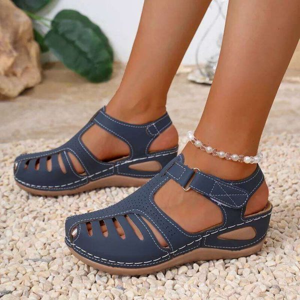 2026 Women's New Style Large Size Hollow Out Thick Head Cover Mid Heel Magic Tape Beach Sandals Slip-On Shoes 36-43