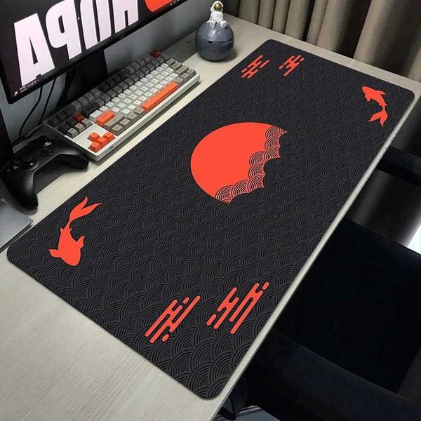 Desk Japanese Mat Black Gold Mousepad Koi Fish Sun Cloud Japan Art Seal Sunrise Dark Sunset Large XXL Mouse Pad Gaming Deskmat D260709