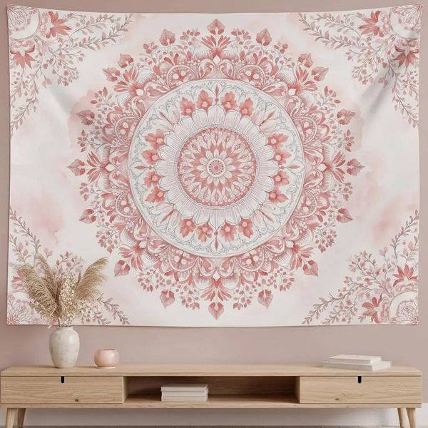 Pink Floral Mandala Tapestry Soft Watercolor Boho Wall Art, Elegant Aesthetic Decor for Bedroom, Living Room, 26L0709