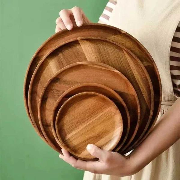 Wood Round Wooden Acacia Dinner Tray Easy To Clean Pizza Salad Tray Fruit Dessert Tray Snack Tray Stackable Reusable J260602
