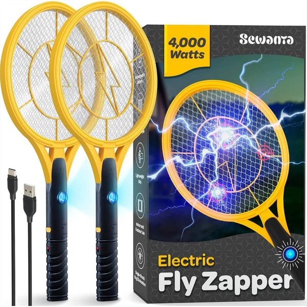 Electric Fly Swatter Set of 2 Handheld Bug Zapper Racket 4000V Instant Mosquito Killer with LED Attractant USB Rechargeable J260709