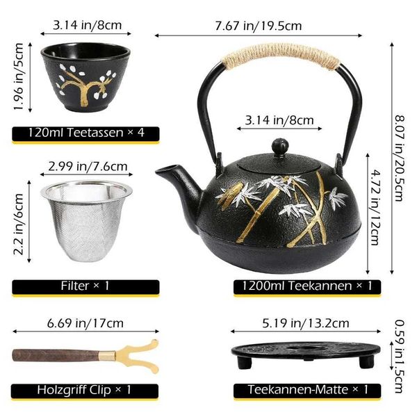 Iron Antique Teaware Cast Set 1200ml Teapot 4 Cups Iron Kettle Universal for Gas / Alcohol / Electric Stoves / Candle Heaters J260710
