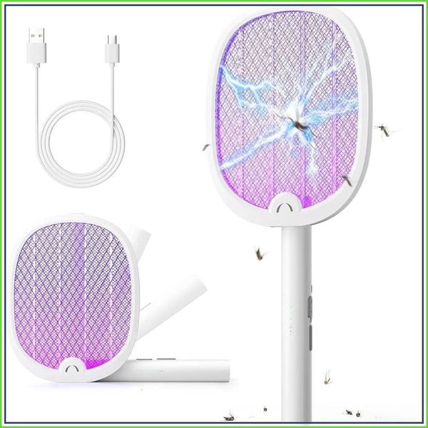 Foldable Electric Fly Swatter 2 in 1 Bug Zapper Racket, 1800mAh Rechargeable, 4000V Mosquito Killer with Purple Light for Indoor/Outdoor W260710