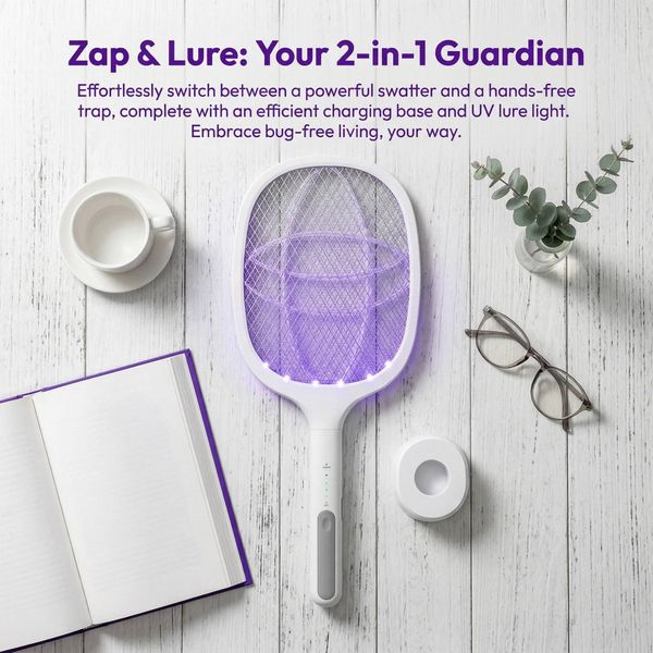 2-in-1 Electric Fly Swatter & Mosquito Trap, 3000V Grid, LED UV Light, 1200mAh Battery, Auto-Charging Stand for Home Use J260709