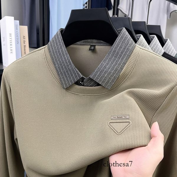 Spring autumn shirt with a faux two-piece collar, casual men's top, trendy and stylish long-sleeve T-shirt for men
