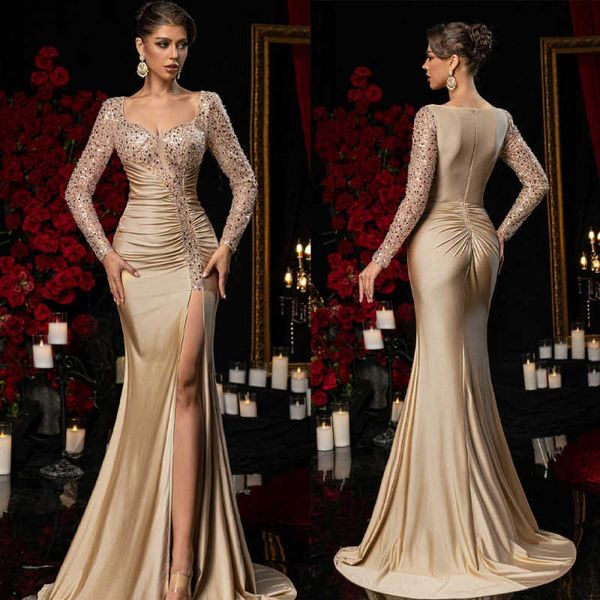 Customized Gorgeous Mermaid Evening Party Dresses Long Sleeves Sequins Beads High Split Red Carpet Gowns Customized Reception Prom Dress