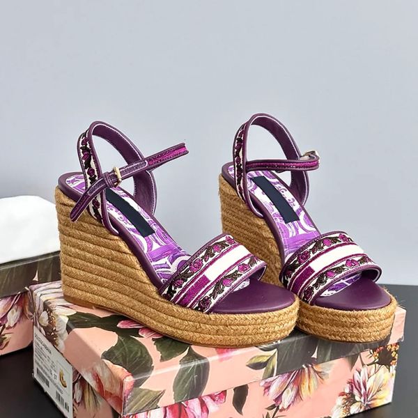 Women's Floral Embroidered Lace-Up Wedge Sandals