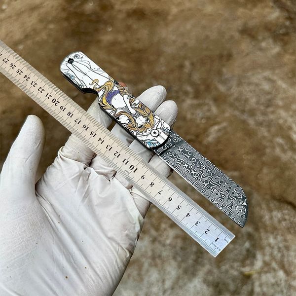 Fruit knife Cross-Mirror EDC Tc4 Titanium Alloy Coreless Damascus Steel Folding With Colorful Engraving, Portable Outdoor Fruit Knife Outdoor Equipment