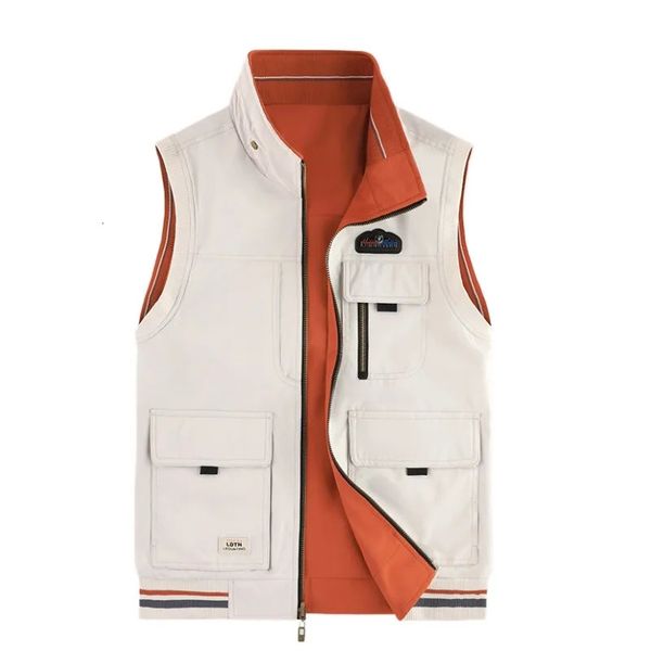 Fashion Men Reversible Vests Coats Sleeveless Jackets Quality Male Outwear Multipockets Waistcoats Stand Collar Casual Vest 260710