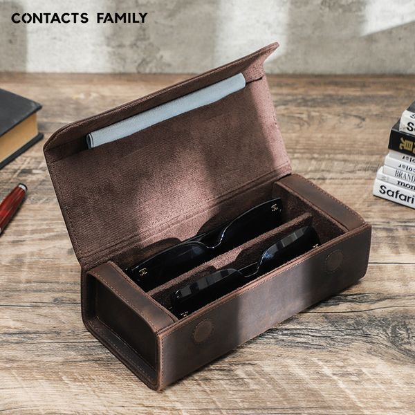 Vintage Crazy Horse Leather Rectangular Case Set of Two Handmade Magnetic Clasp Travel Glasses Storage Box Wholesale