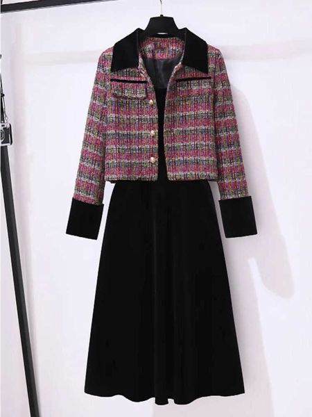 French Autumn Retro Two Piece Set For Women's Outfit Office Ladies Elegant Vintage Twd Coatsstraped Black Velvet Dresses Sets L26713