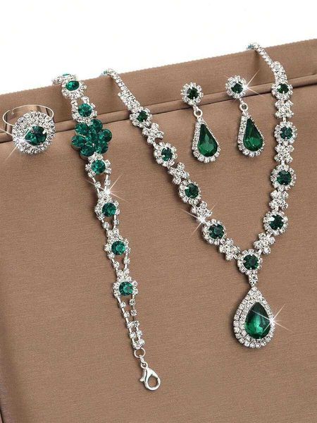 Luxury Hypoallergenic Floral Green 5pcs Rhinestone Necklace Earrings Bracelet Ring Jewelry Set For Women H260713