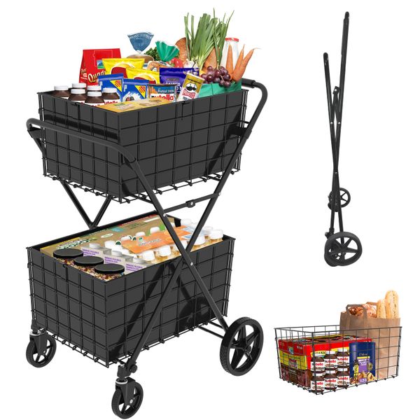 Jumbo Cart,2 Layers Grocery Cart on Wheels, Foldable Utility Shopping Carts with Double Basket and 360° Rolling Swivel Wheels for Groceries Laundry
