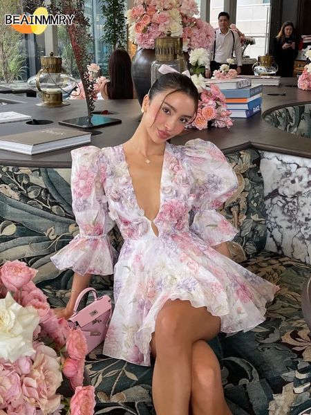 2026 Women Trendy Printed Party Dresses Elegant Flare Sleeve V Neck Pleated High Waist Vestidos Fashion Lady Chic Evening Gowns260713