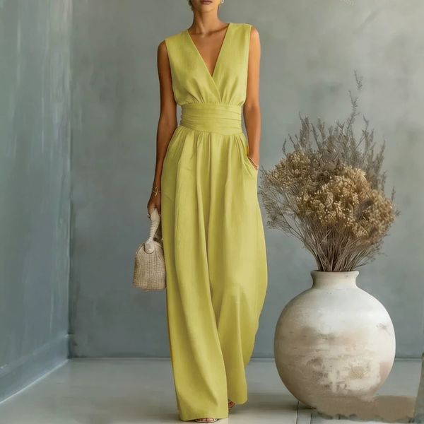 European American cross - border spring and summer new elegant sleeveless waist - cinching V - neck women's jumpsuit