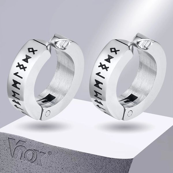 Vnox Viking Runes Hoop Earrings for Men Non Pierced Clip Stainless Steel Odin Norse Amulet Letter Words Huggie 260710