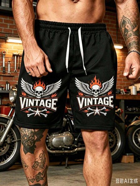 Men's Vintage Cotton Shorts Wing Skull VINTAGE Star Print Casual Shorts Pants Black Pants Streetwear