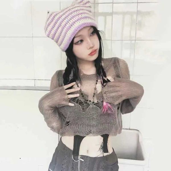 Tops Karrram Japanese Y2k Knitted Trashy 2000s Style Hollow Out Jumpers Vintage Harajuku Distressed Pullover Grunge Aesthetics