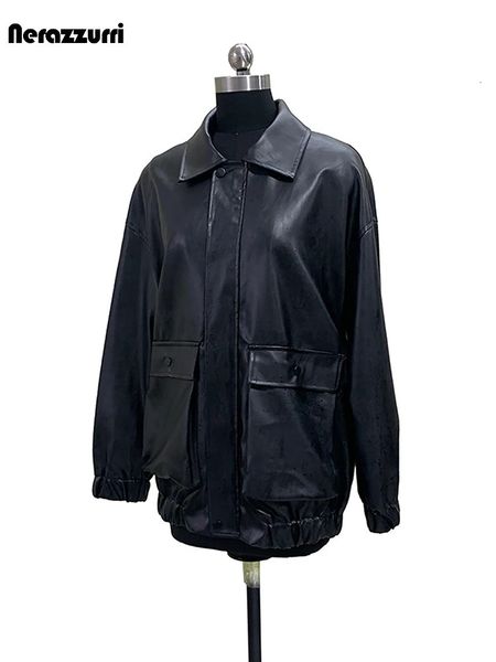 Nerazzurri Spring Autumn Soft Black Pu Leather Jacket for Women with 3D Pockets Zipper Cool y ner Cargo Clothes 2026 260715BJ