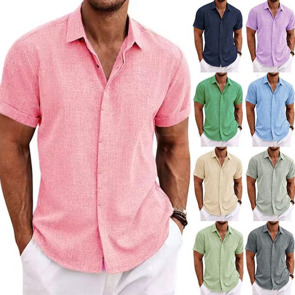 Designer Shirt Men Cotton Linen Solid Short Sleeve Shirt Loose Plus Size Lapel Casual Beach Men Summer Shirts