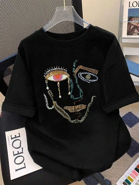 100 Cotton T-Shirts For Women Colour Graffiti Woman's Face Printing Clothes Street Fashion Tops Loose Casual Short Sleeve Tees