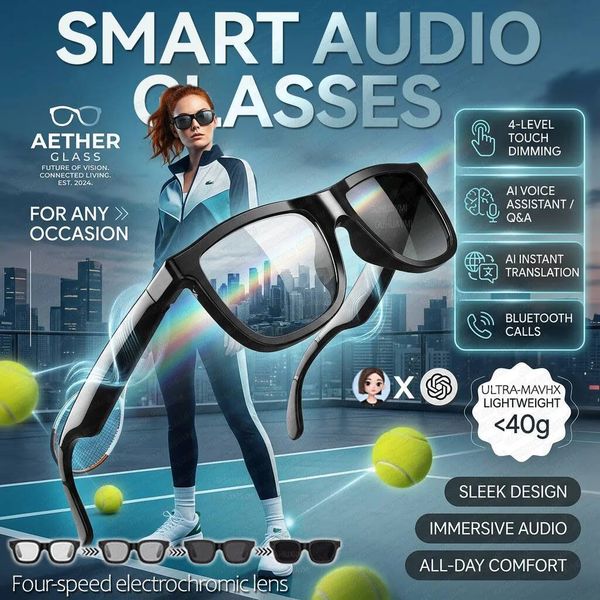 New 4-Levels Electrochromic AI Glasse Bluetooth Smart Glasses ChatGPT 164+Language Translation Music Hands-Free Calls Sunglasses W260716