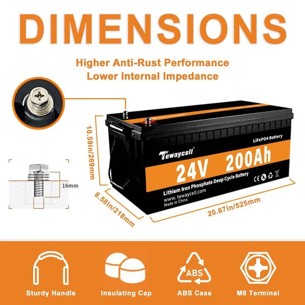Tewaycell 24V 200AH 100Ah LiFePO4 Battery Pack Grade A New Lithium Iron phosphate Cells Built-in BMS for RV PV Golf Carts