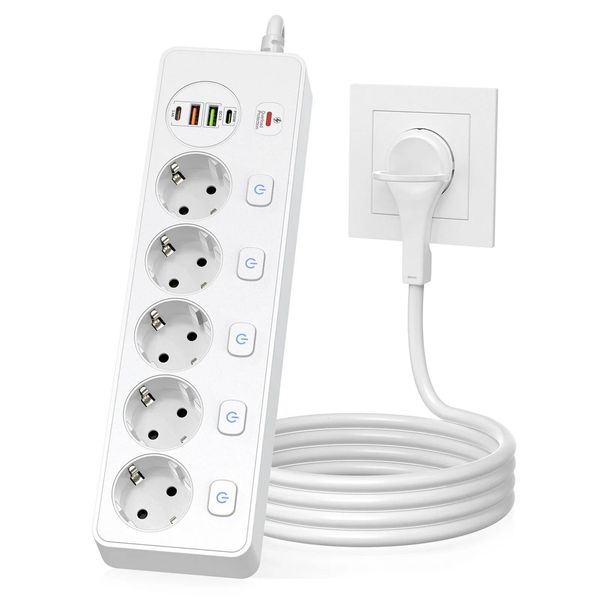 European plug Smart Power Strip Multi USB Port Type-C, Independent Control Socket 2 meters Cable with Overload Protection W260720