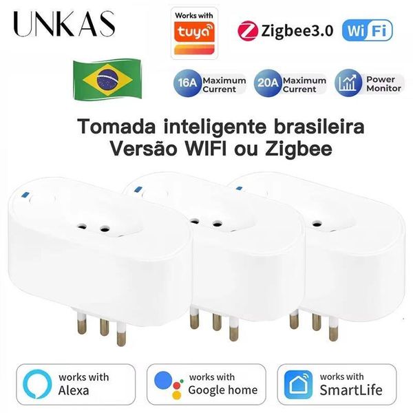 UNKAS Works Tuya Brazil Plug WIFI or Zigbee 16/20A Socket Power Monitor, Voice with Google Home Alexa,Smart Outlet W260720