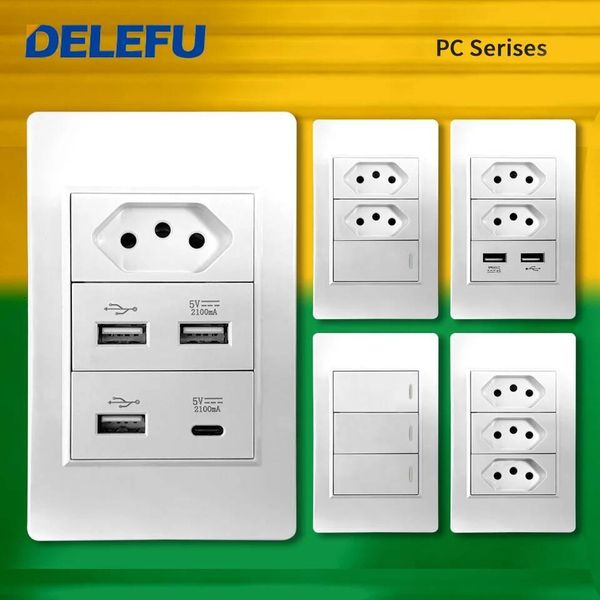 DELEFU White PC Panel Brazil Standard Outlet with Double USB Type C Wall Power Socket Switch Tuya Wifi 10A 20A 118x72mm W260720