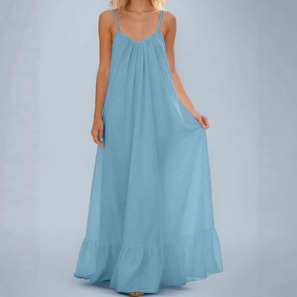 (340) New Summer Style: Sexy, Solid-Color, Sleeveless Spaghetti-Strap Maxi Dress for Women