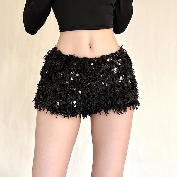 SylCue Furry Tassel Mini Shorts Woman 2026 Style Sequin Patchwork Elastic Waist Sweet s Street Fashion Elegant Bottoms 260401