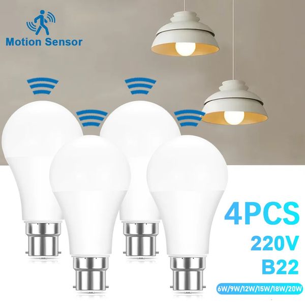 4PCS Radar Motion Sensor LED Light Bulbs, B22 Base, 6W-20W AC 220V Motion Detector Night Lights