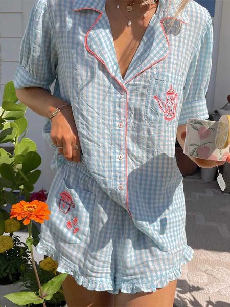 Women Embroidered Plaid Pajama Set Short Sleeve Button Closure Shirt with Elastic Waist Shorts Sleepwear Casual Loungewear Pjs