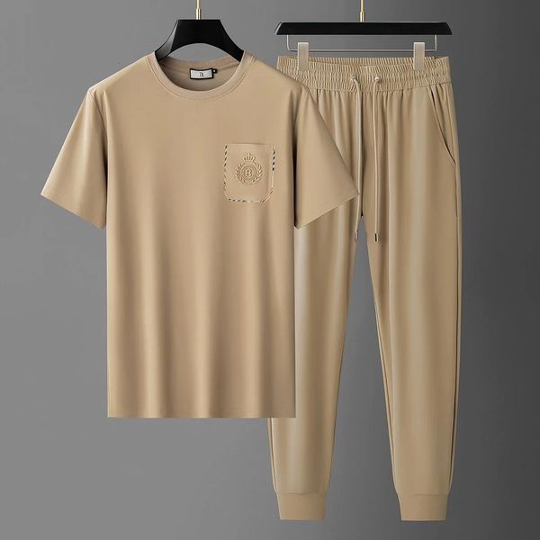 Summer Fashion Trend Solid Color Short Sleeve Tshirt Set Mens Loose Sport Comfortable Breathable Large Size TwoPiece 260402
