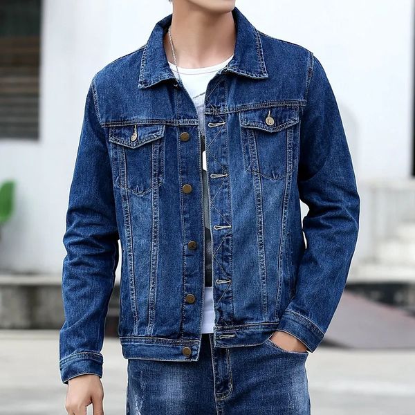 Summer Men Pure Colour Denim Jacket Single-breasted Lapel Daily Casual Coats