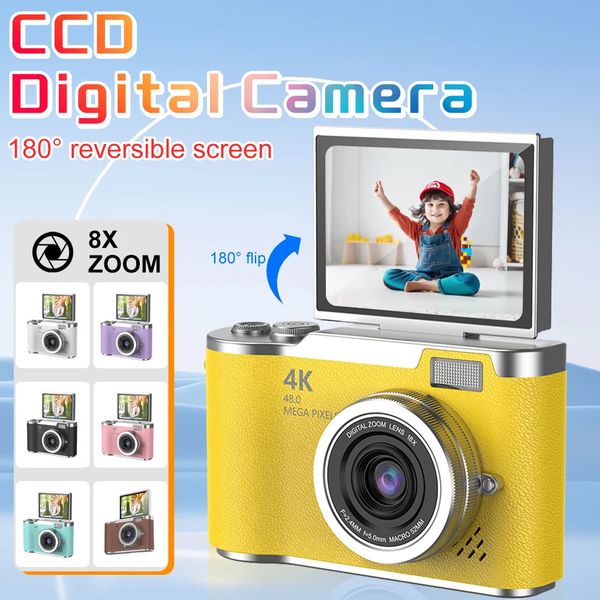 CCD Digital Camera Yellow 4K Resolution, 8X Zoom Macro Lens, 180 Reversible Screen Vintage Digital Toy Camcorder