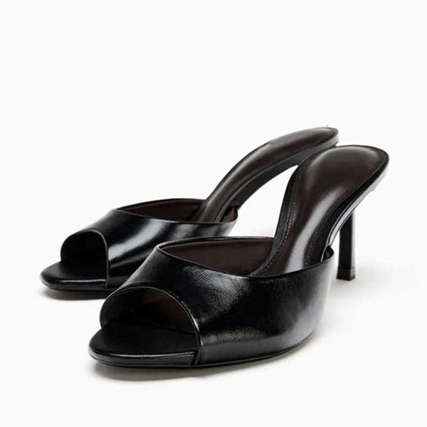 Black Soft Leather Thin Heeled Slippers Women Sexy Peep Toe Slide Sandals for Ladies Summer Party Elegant High Heels