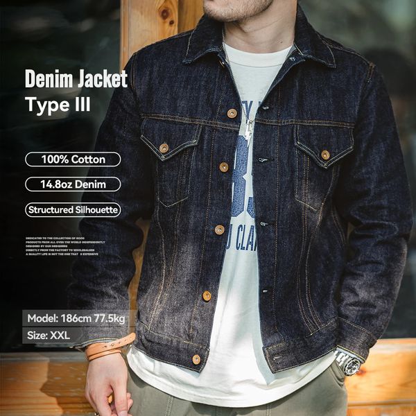 Maden Vintage 148oz Washed Denim Type III Jacket Classic Solid Slim Fit Coat Cotton for Men Spring and Autumn Tops 260407