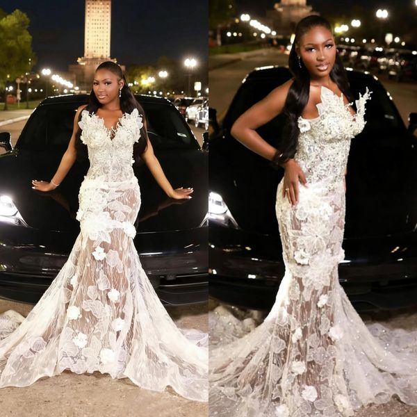 White Floral Mermaid Wedding Dress Beaded