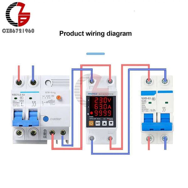 63A 230V 3 in 1 Display Din Rail Adjustable Under Voltage Surge Protector Relay Over Current Protect Kwh Power Watt Meter