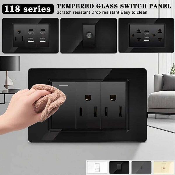 118*75mm Tempered Glass panel socket US Wall Black Thai Socket Plug with Dual USB Type-C Ports,Light Switch 110V