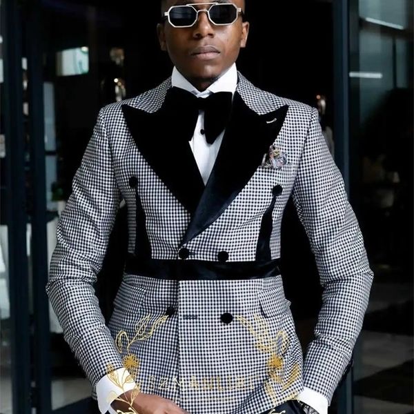 Latest n Men's Suit Houndstooth Jacket Black Pants 2 Pieces Double Breasted Slim Fit Formal Wedding Tuxedos Evening Dress
