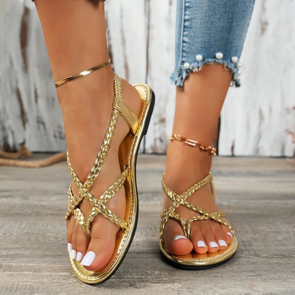 Women's Beach Woven Hollow Sandals Women Flats Casual Clip Toe Sandals Summer Fashion Walking Zapatos Dress Femme Slides