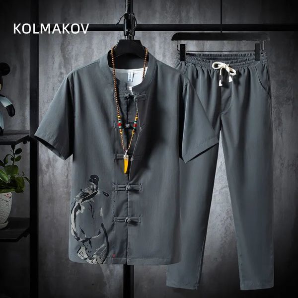 Shirt trousers summer fashion men shirt Cotton and linen shirts men's High quality casual shirts Two Piece M-5XL